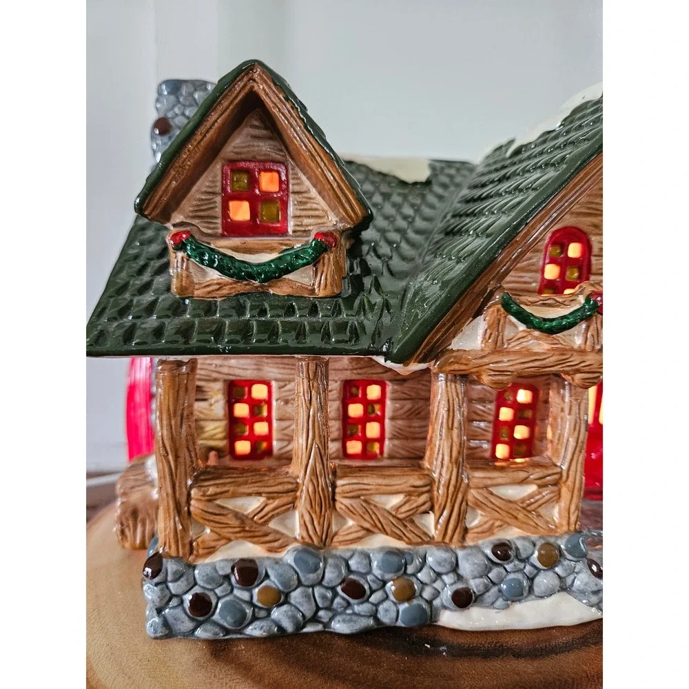 VTG 90's Welcome to Christmas in Vermont log lodge moosehead ceramic village